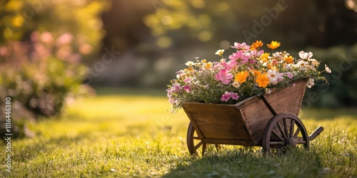 Wooden wheelbarrow filled with freshly planted flowers, soft spring sunlight casting shadows, room for text.