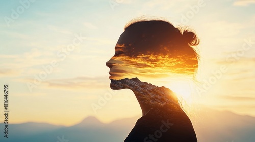 Emotional silhouette of a woman with double exposure effect showcasing mountain landscape and sunset in a serene and artistic composition