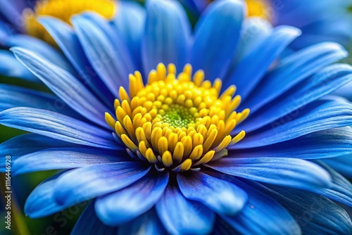 A close-up of a brilliant blue-yellow flower showcases its striking yellow stamens, offering a captivating subject for nature photography enthusiasts to admire and capture.