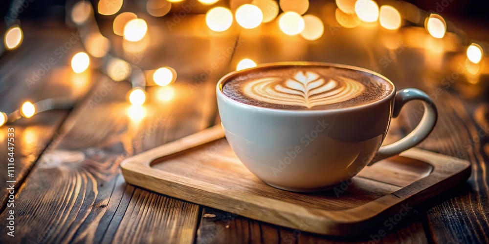 Obraz premium A close-up of latte art in a white cup on a wooden coaster, showcasing creamy texture and warm colors, creating a cozy atmosphere for coffee enthusiasts.