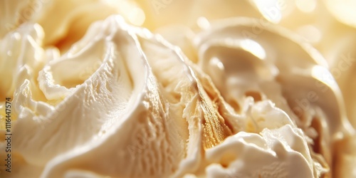 Close-up of a delicious ice cream cone with vanilla and chocolate swirl, sunlight highlighting the texture, space for text. photo