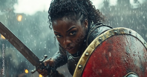 black woman warrior poised for combat with sword and shield, drenched by rain