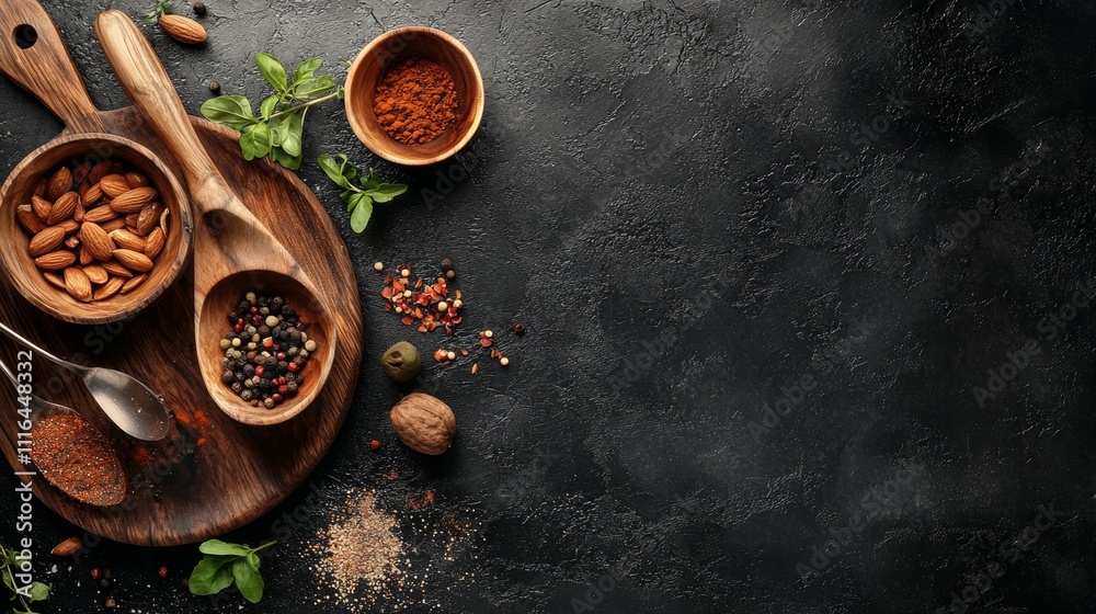Rustic kitchen spices and nuts on a dark textured background Rustic kitchen spices and nuts on a dark textured background