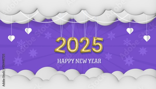 Happy New Year 2025 Gold Banner on 3D Cloud Background photo