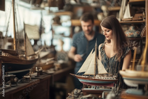 Woman admiring a model sailboat in a vintage shop filled with antiques and collectibles photo