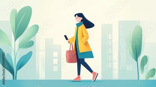 Cheerful woman walking in urban environment with smartphone and eco-friendly bag, surrounded by stylized greenery in vibrant color palette