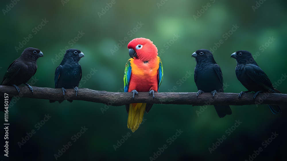Fototapeta premium Colorful Parrot Among Black Birds on Branch