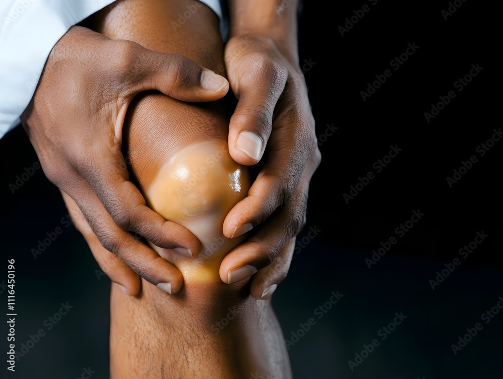 Naklejka premium Close up photograph of a person s hand tightly clutching their swollen painful arthritic knee showing severe inflammation and chronic joint disease This medical image is from a 1990s era textbook