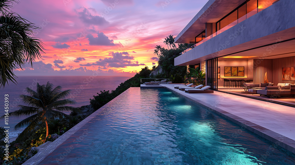 Fototapeta premium A luxurious infinity pool overlooking the ocean at sunset