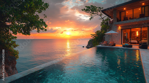 A luxurious infinity pool overlooking the ocean at sunset Golden hour paints the sky with hues of orange as the sun dips below the horizon, casting a shimmering reflection on the tranquil ocean
