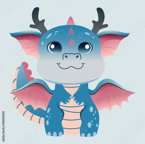 Cute Baby Dragon Illustration with Blue and Pink Features