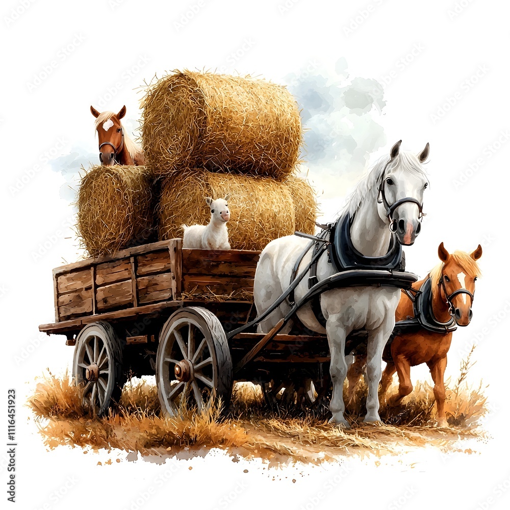 Obraz premium Whimsical horse drawn wagon transporting bales of hay through a lush pastoral countryside scene Ornate wooden carriage gentle equine companions