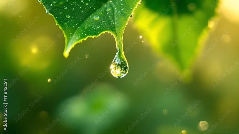 Fototapeta premium Sunlight highlights a raindrop on a leaf.