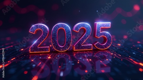 Neon glowing 2025 banner in a tech background