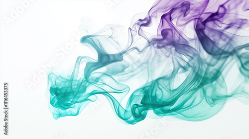 Minimalist wallpaper with emerald and purple smoke on white, colourful smoke on white background. 