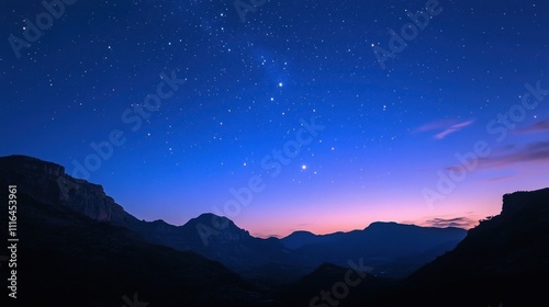 Starry night sky over silhouetted mountain range at twilight.