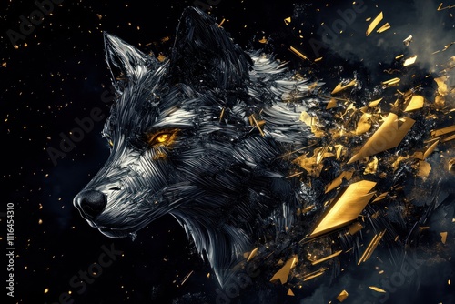 Majestic Wolf Transformed Into Shattered Gold And Dark Metal photo