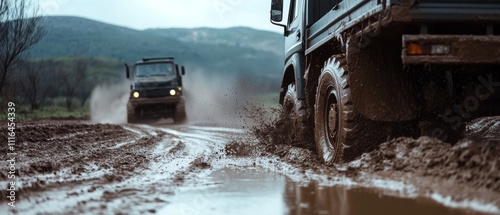 Trucks navigate their way through a rugged, muddy terrain, the tires kicking up thick splatters, embodying raw power and adventure. photo