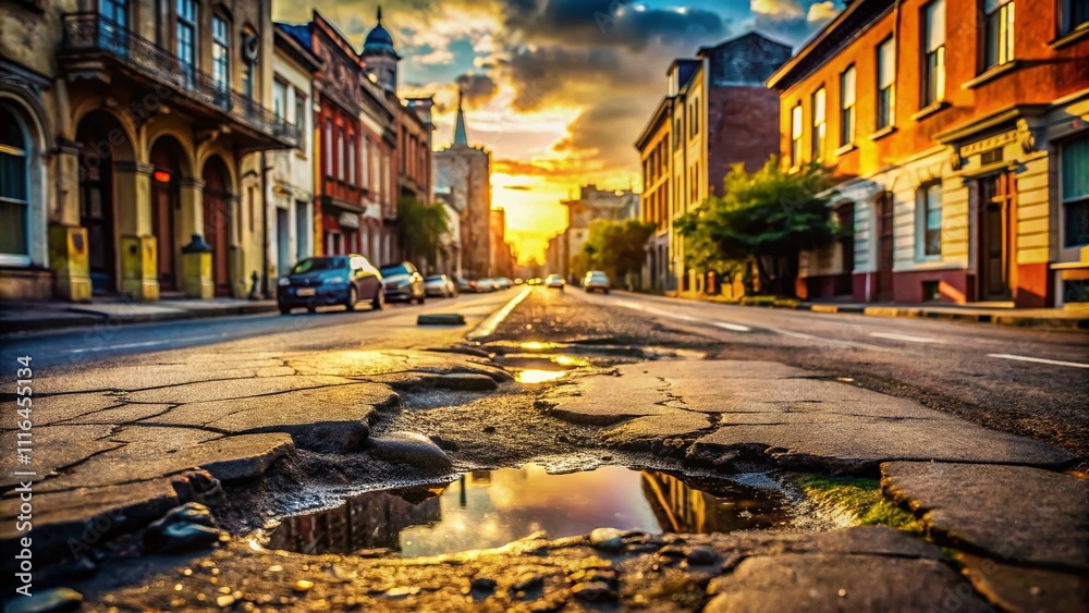 Fototapeta premium A gritty city street showcases prominent potholes and cracked asphalt, evoking urban decay and the challenges of infrastructure, embodying a raw, grunge aesthetic.