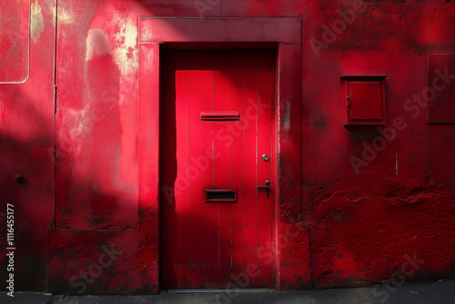 A rustic red door beautifully contrasts with its textured red wall.