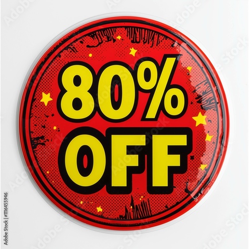 A bright red circular sticker with the text 80% OFF in bold yellow font on a plain white background - 80% off, sale, discount, promotion, clearance, shopping, price drop, savings, special offer, retai photo