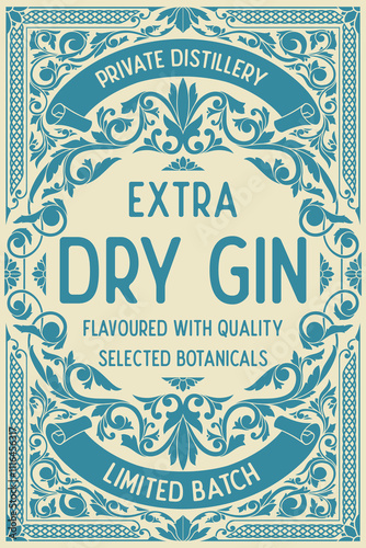 Dry gin - ornate vintage monochrome decorative label