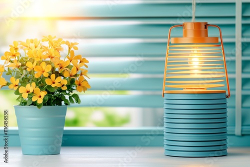  Una lámpara decorativa y una maceta con flores amarillas colocadas sobre una mesa frente a persianas azules iluminadas por luz solar.
 photo