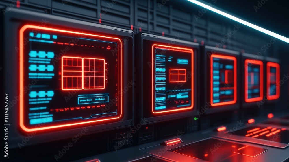 Obraz premium Futuristic control room with glowing screens displaying data interfaces in neon colors, creating a high-tech ambiance for cybersecurity and digital innovation themes.