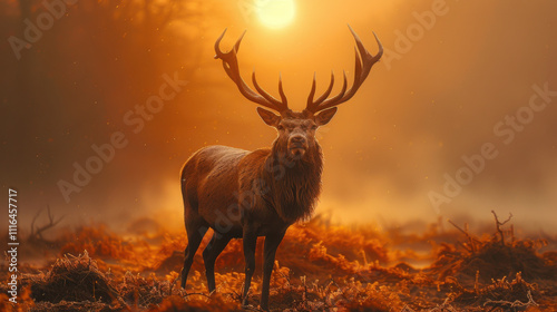  Picture a magnificent stag standing in a desolate landscape that was once a thriving forest. The foliage has withered, the streams have dried up, and the air is filled with a haze of dust and heat. photo