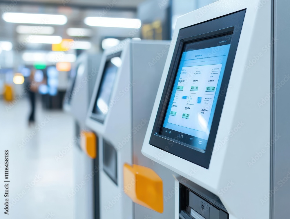 Modern Self-Service Kiosk for Ticket Purchase at an Unmanned Station Featuring Digital Interface and Touchscreen in a Bright, Busy Transportation Environment Modern Self-Service Kiosk for Ticket Purchase at an Unmanned Station Featuring Digital Interface and Touchscreen in a Bright, Busy Transportation Environment