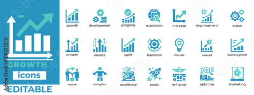 Editable growth vector icons showcasing development, progress, innovation, business growth, transformation, and optimization