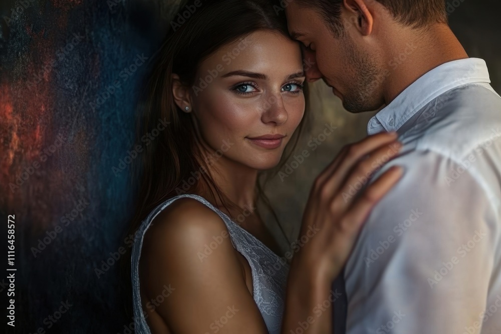 Fototapeta premium Couple enjoying a tender moment in a softly lit space during a quiet evening
