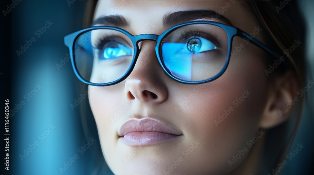 Fototapeta premium Close-up of a Beautiful Woman Sporting Fashionable Eyeglasses with a Serene Expression