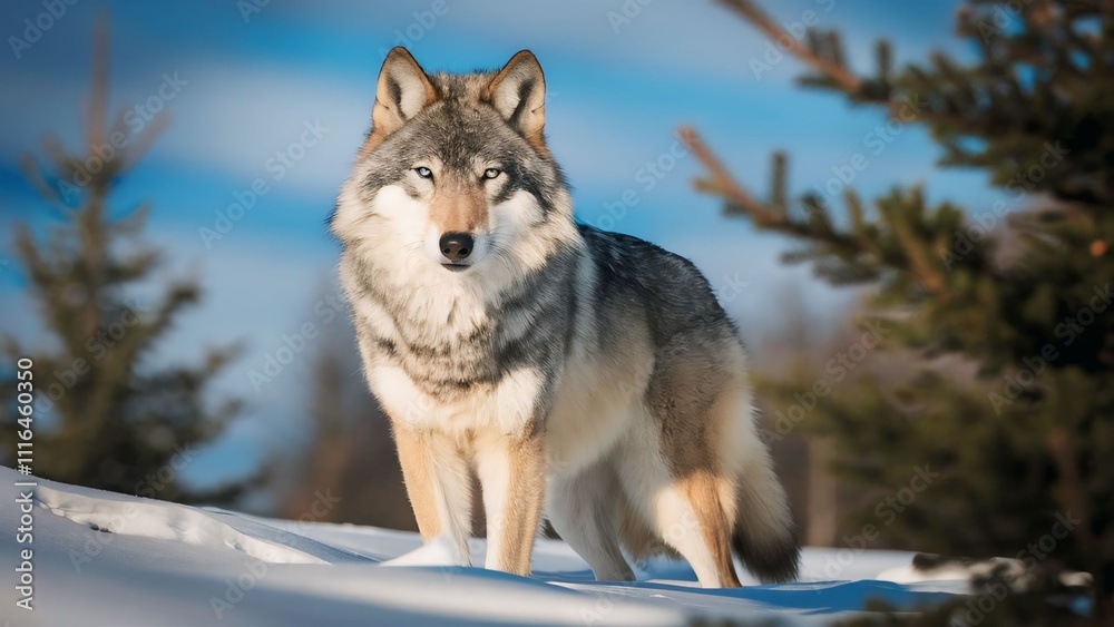 Fototapeta premium A captivating wildlife photograph of a majestic wolf with piercing blue eyes, standing proudly amidst a snowy landscape. The wolf's thick, fluffy coat boasts a striking blend of gray, white, and light