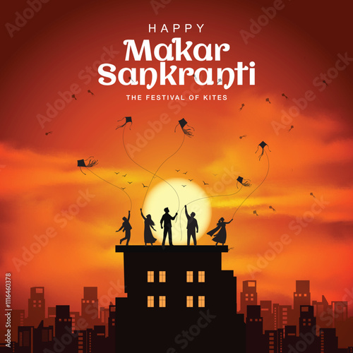 Indian festival Happy Makar Sankranti poster design with group  kites flying cloudy sky. abstract vector illustration design. photo