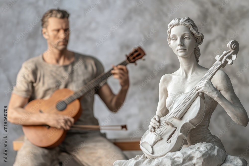 Fototapeta premium Detailed sculptures of a musician playing guitar and a woman with a violin in a studio setting