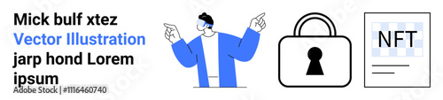 Person gesturing with both hands, large padlock symbolizing security, NFT digital certificate. Ideal for online security concepts, digital art, blockchain, encryption, data privacy, technology