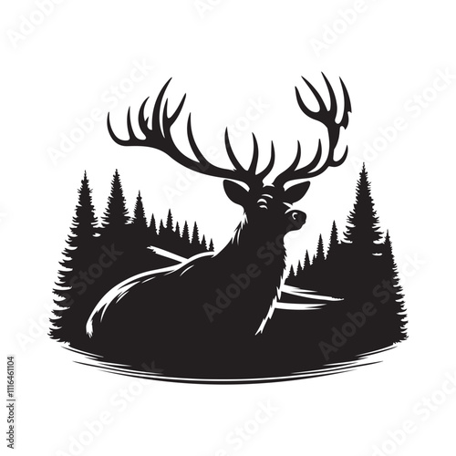 Deer with antlers in a forest clearing silhouette vector art black color design and solid white background 