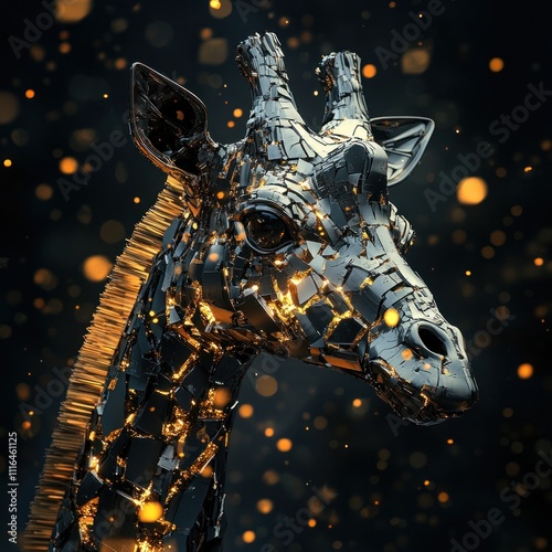 A fragmented metallic giraffe head glows with inner light photo