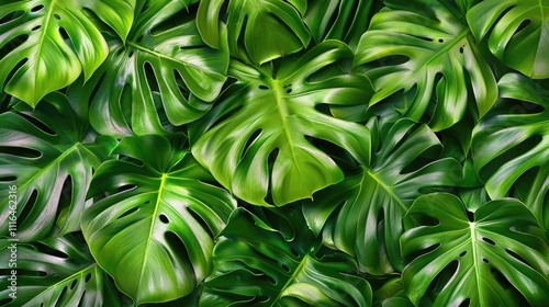 Leaves Background. Exotic Monstera Leaves in Lush Green Foliage photo