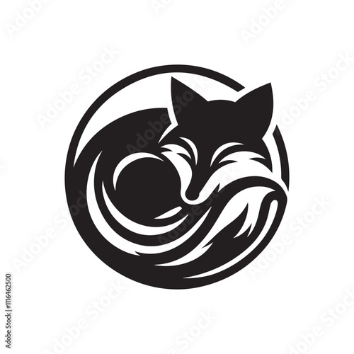 Fox curled up asleep silhouette vector art black color design and solid white background 