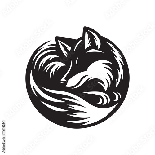 Fox curled up asleep silhouette vector art black color design and solid white background 