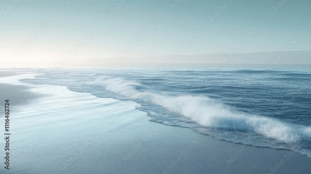 Fototapeta premium A serene seascape showing gentle waves lapping against a calm shore under soft, diffused light.