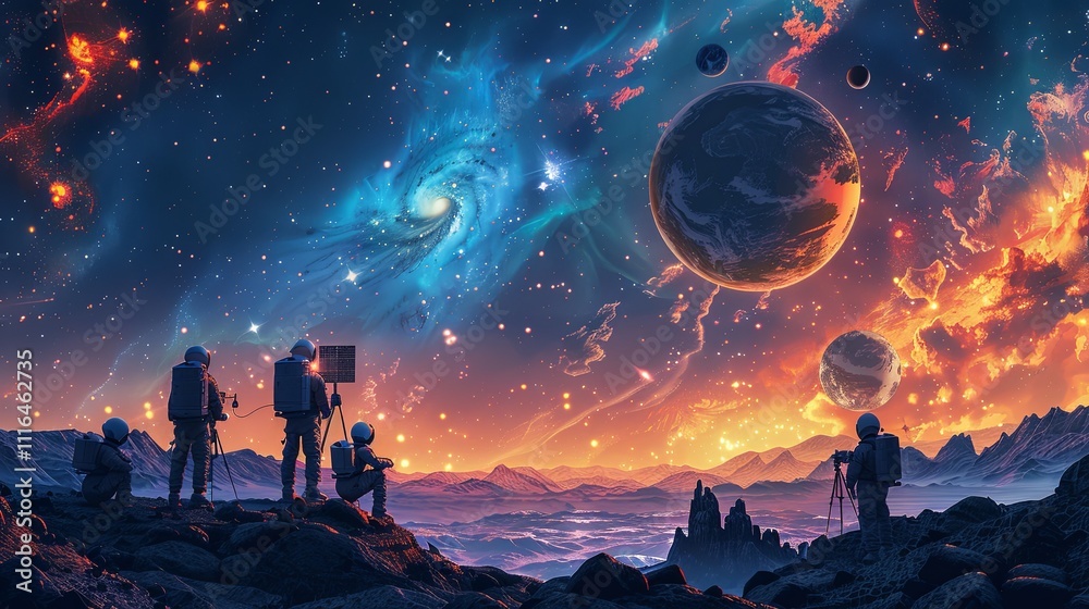 Fototapeta premium A group of astronauts on a rocky alien planet under a mesmerizing cosmic sky with galaxies, planets, and glowing celestial bodies. 