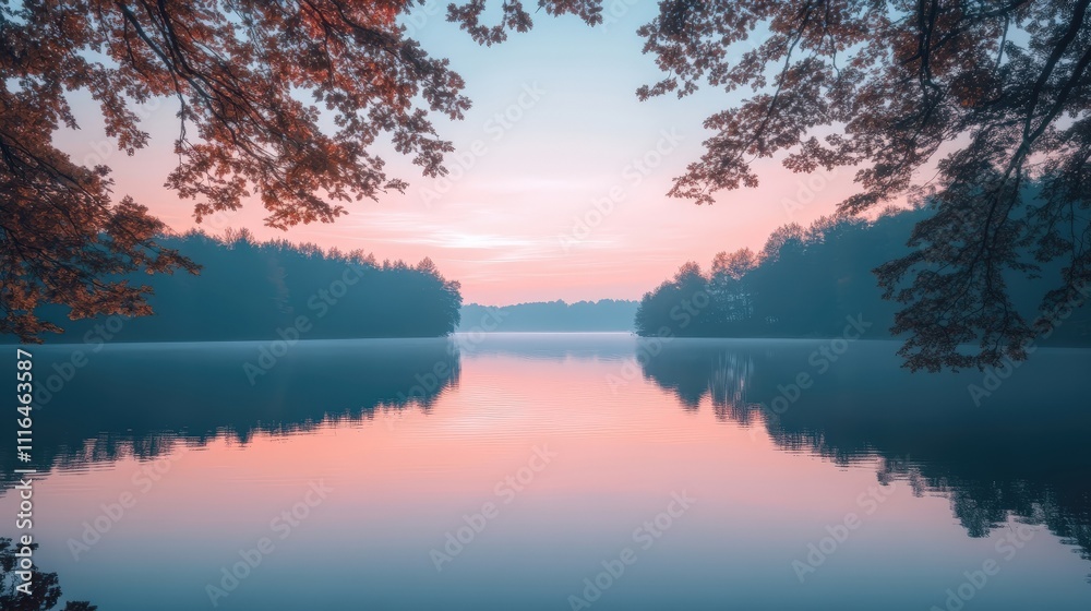 A serene lake reflects a pastel sky, surrounded by trees, creating a tranquil and picturesque natural landscape at sunrise.