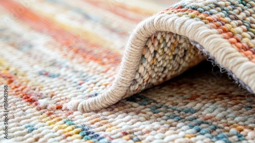Close-up of colorful handwoven rug edge detail, showing texture and craftsmanship.