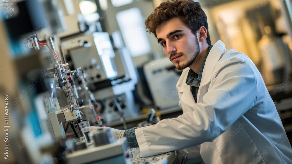 Fototapeta premium A young male scientist, wearing a lab coat, working in a high-tech laboratory with advanced equipment.