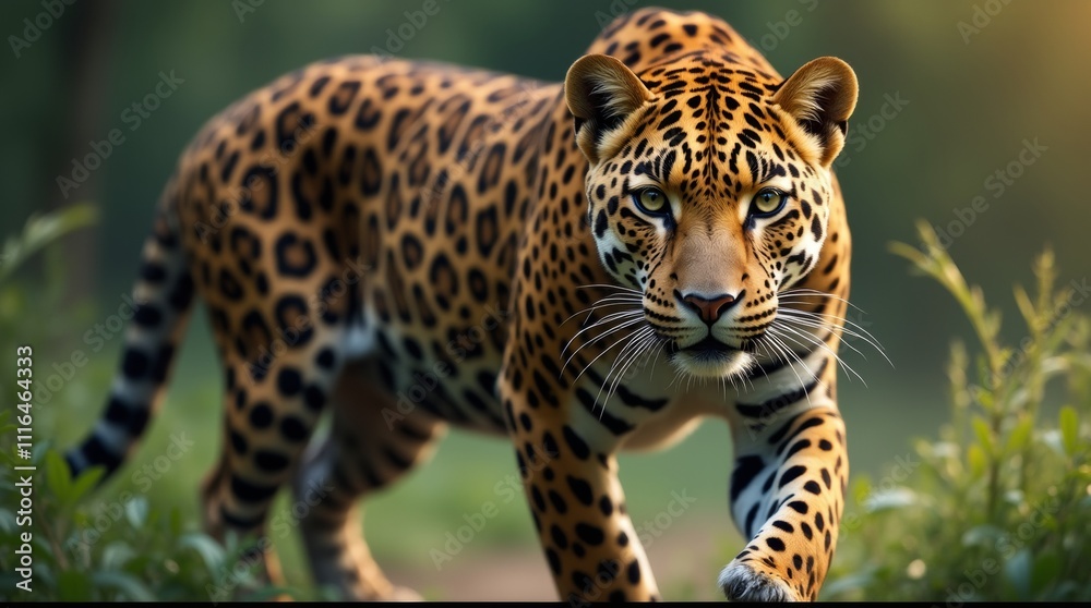 Obraz premium leopard in its natural habitat, showcasing its distinctive spotted coat and piercing eyes. The focus is on the animal's powerful physique and the lush surroundings
