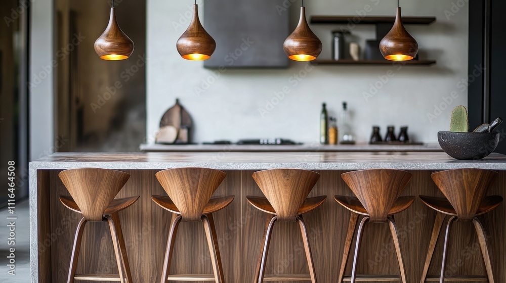 Fototapeta premium Sleek wooden bar stools lined up at a marble kitchen island, illuminated by stylish pendant lights