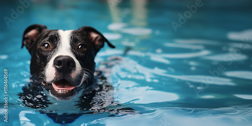 Chien noir et blanc nageant dans une piscine bleue avec une expression joyeuse photo